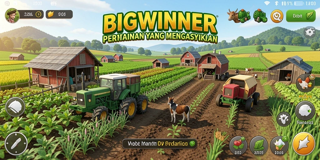 Screenshot permainan BIGWINNER menampilkan ladang yang indah dan tanaman beragam.