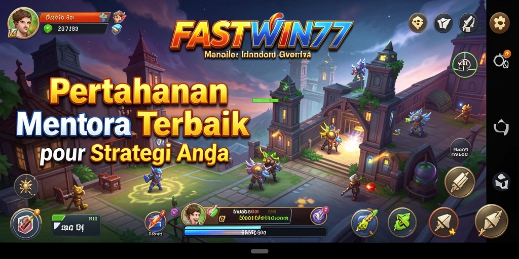 Tampilan gameplay FASTWIN77 yang mengesankan dengan menara dan musuh dalam pertempuran.