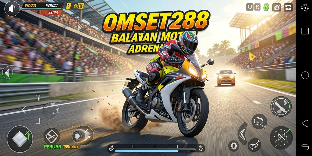 Screenshot gameplay OMSET288 yang menampilkan balapan motor yang mendebarkan.